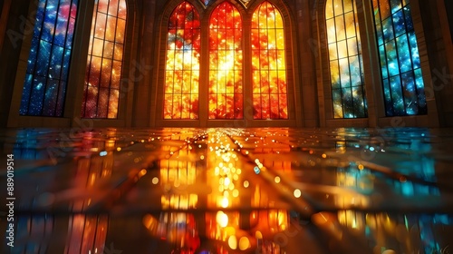 A colorful stained glass window with a yellow and red sun in the center