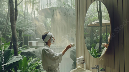 A person gently applying an overnight collagen mask in front of a softly lit bathroom mirror. The bathroom features plants and stone accessories, creating a serene and luxurious atmosphere photo