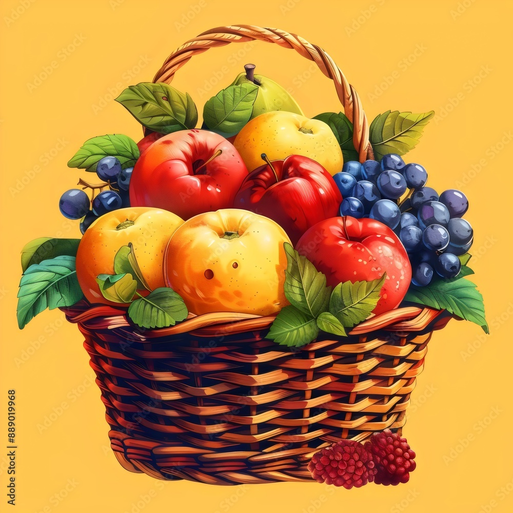 A basket of fruit with apples, grapes, and berries A basket of fruit with apples, grapes, and berries