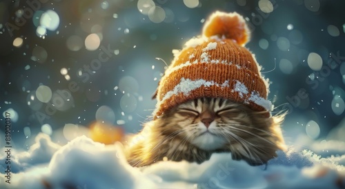 A Cozy Cat Wearing an Orange Hat Enjoys the Snowfall