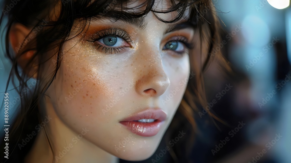 A woman with blue eyes and a gold glittery eye shadow A woman with blue eyes and a gold glittery eye shadow