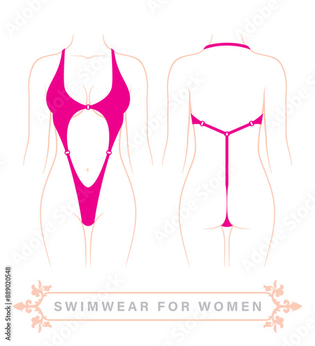 teloVector woman body line with pink sexy swimsuit. Isolated on white background._zenske_plavky_jednodilne-