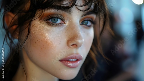 A woman with blue eyes and a gold glittery eye shadow
