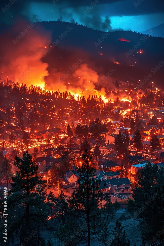 Intense Wildfire Engulfing Forest and Residential Area at Night with Dramatic Flames and Smoke
