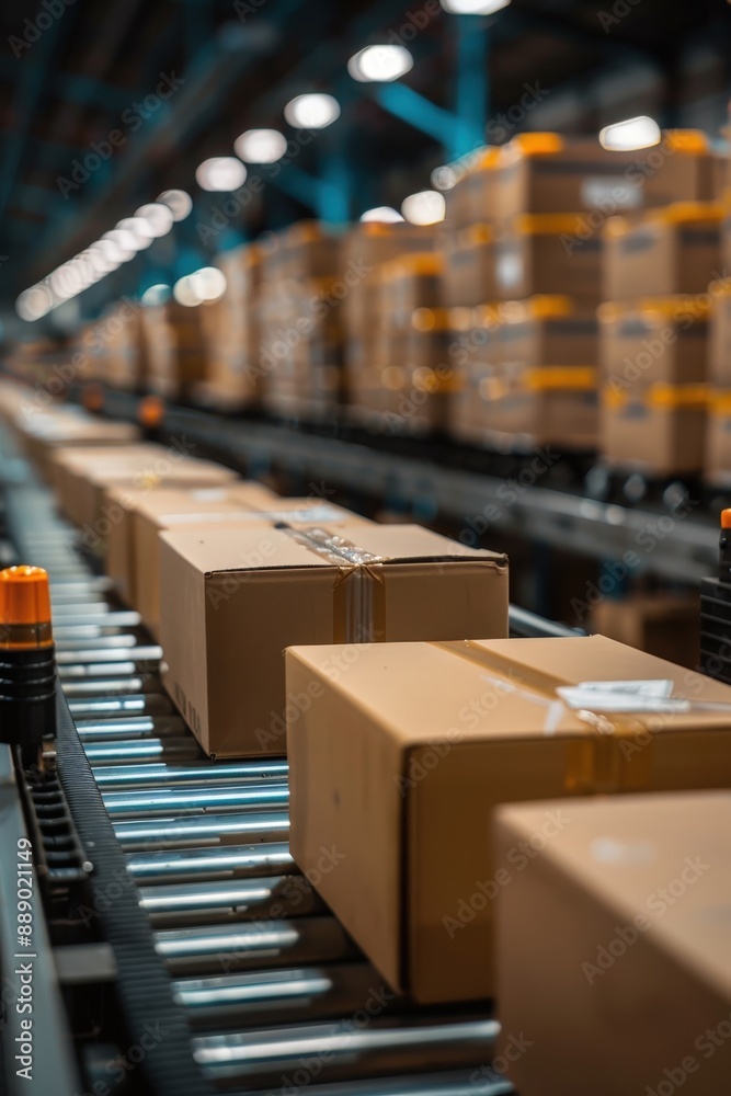 Automated Conveyor Belt System with Cardboard Boxes in a Modern Warehouse Distribution Center Automated Conveyor Belt System with Cardboard Boxes in a Modern Warehouse Distribution Center