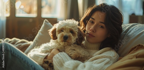 Woman Relaxing on Couch With Puppy During Daytime