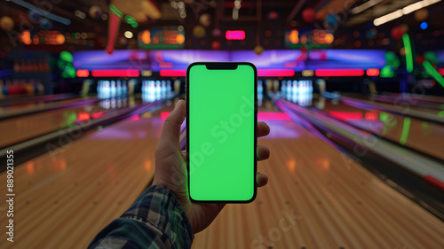 Wallpaper Mural Smartphone mockup with green screen at bowling alley. Torontodigital.ca