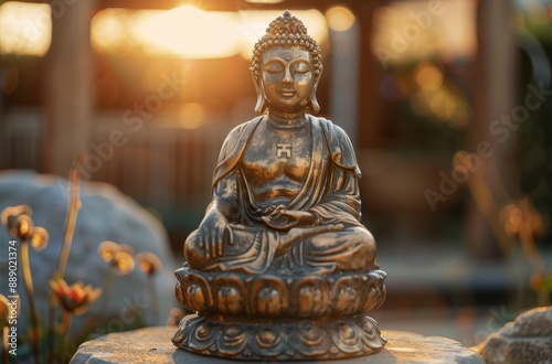 Golden Buddha Statue in a Peaceful Outdoor Setting at Sunset