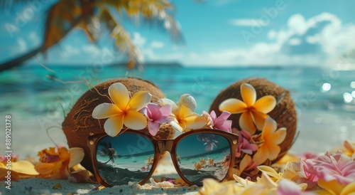 Tropical Beach Scene With Coconuts, Sunglasses, and Flowers