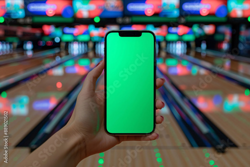 Smartphone mockup with green screen at bowling alley.