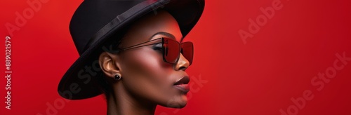 Woman In Sunglasses And Fedora Posing Against A Red Background