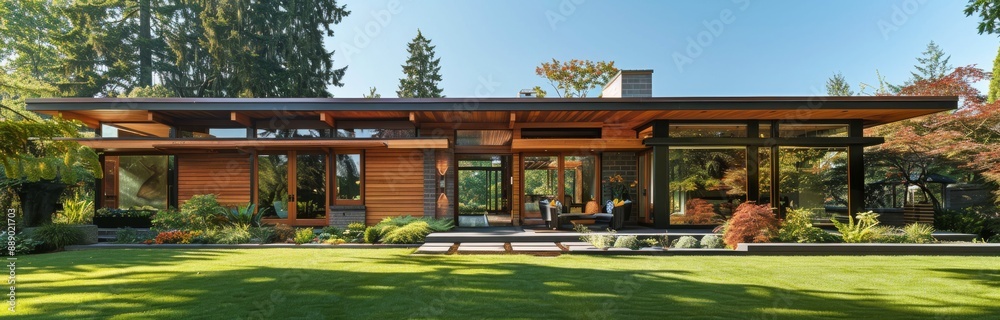 Modern House With Large Windows and Green Lawn in the Evening Modern House With Large Windows and Green Lawn in the Evening
