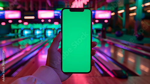 Smartphone mockup with green screen at bowling alley.