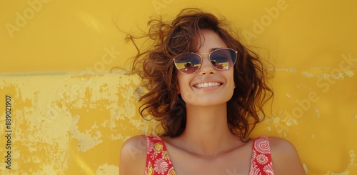 Smiling Woman Wearing Sunglasses in Front of a Yellow Wall