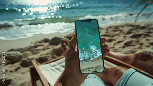 A person holding a smartphone with a blank screen, relaxing on the beach, with the ocean and sunny weather in the background.