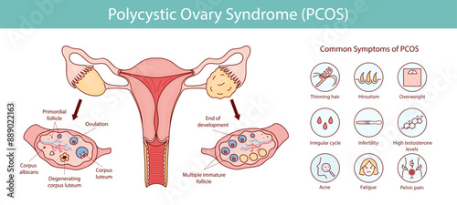 Polycystic ovary syndrome PCOS.  Ovarian cysts of the female reproductive system. New Year illustration is hand drawn.