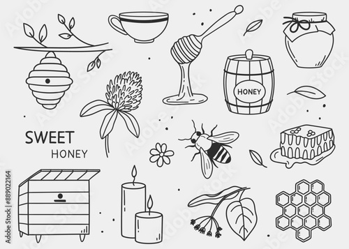 Vector collection of beekeeping and honey items hand-drawn in doodle style