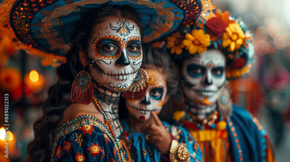 Family photo of both adults and children, dressed in traditional Día de los Muertos attire with elaborate face paintings Family photo of both adults and children, dressed in traditional Día de los Muertos attire with elaborate face paintings