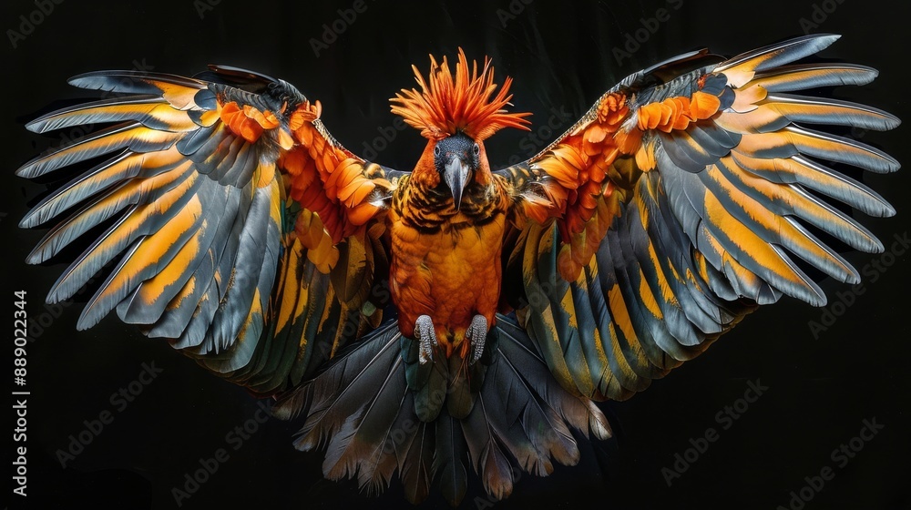 Obraz premium Black And Orange Bird With Wings Spread Wide In Close Up