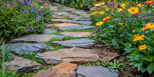 Stone Pathway Winding Through A Lush Summer Garden