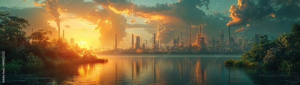 Stunning futuristic cityscape at sunset with skyscrapers, lush greenery, and a serene lake reflecting dramatic clouds and vibrant colors. Stunning futuristic cityscape at sunset with skyscrapers, lush greenery, and a serene lake reflecting dramatic clouds and vibrant colors.