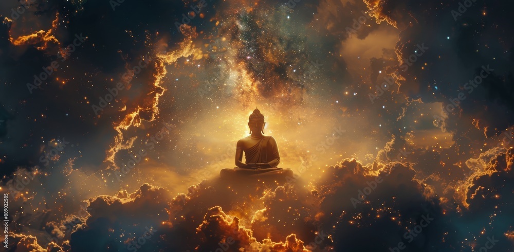 Buddha Meditating in a Starry Sky Above Clouds Buddha Meditating in a Starry Sky Above Clouds