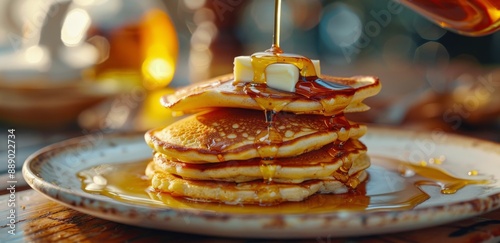 Golden Brown Pancakes Drizzled With Syrup and Butter