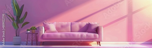 A Purple Sofa In A Bright Pink Room With Plants And Sunlight