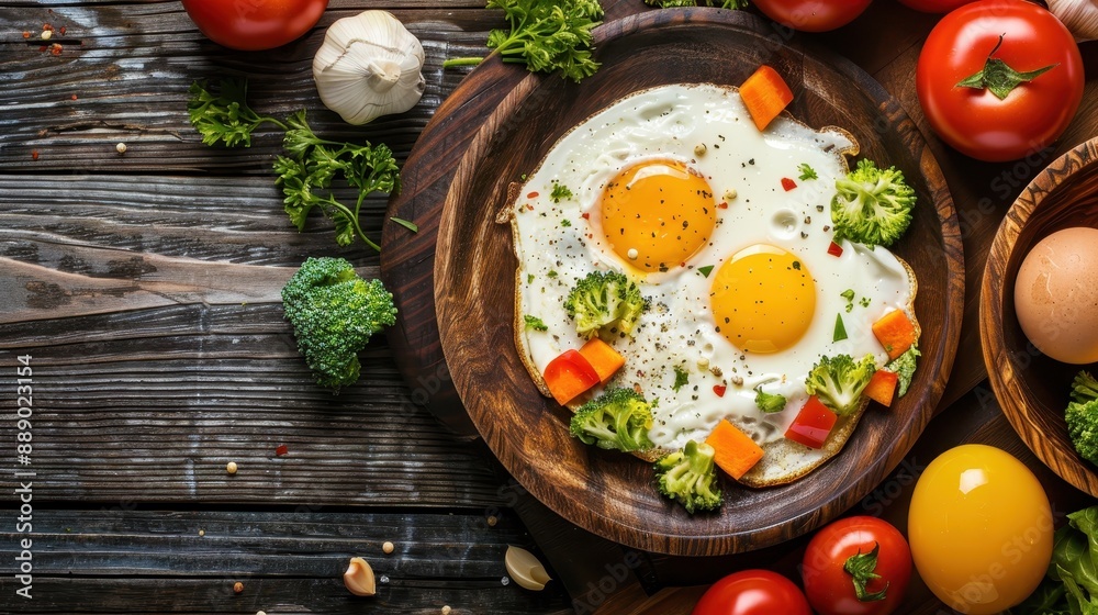 A plate of eggs with peppers and tomatoes on top. The plate is on a wooden table. The eggs are cooked and have a sprinkle of pepper on top A plate of eggs with peppers and tomatoes on top. The plate is on a wooden table. The eggs are cooked and have a sprinkle of pepper on top