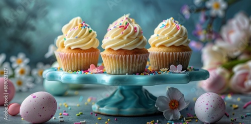 Three Vanilla Cupcakes With Sprinkles on a Blue Cake Stand for Easter