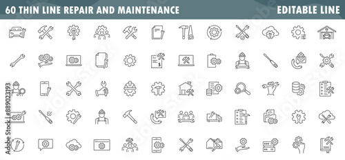 Set of related to repair, maintenance, construction, Linear icon collection, thin line symbol isolated on white background, editable stroke eps 10 vector illustration