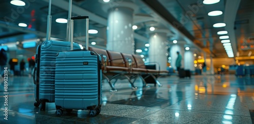 Three Suitcases Resting on a Bench in an Airport Terminal