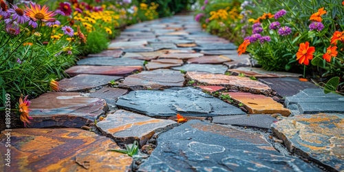 Stone Path Through Colorful Garden in Summer