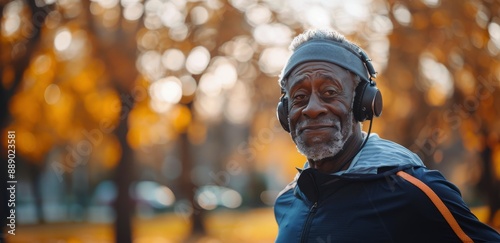 Senior Man Jogging In Park With Headphones On