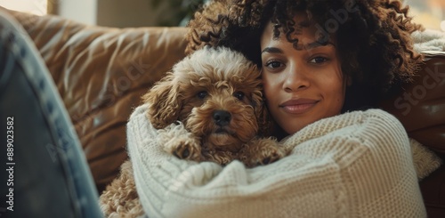 Woman Relaxing on Couch With Puppy During Daytime