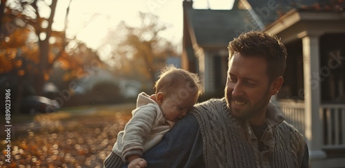 Happy Father Holding Baby On Sunny Day In Front Of Houses