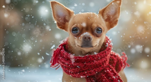 Small Tan Chihuahua Wearing Red Scarf in Winter Snow