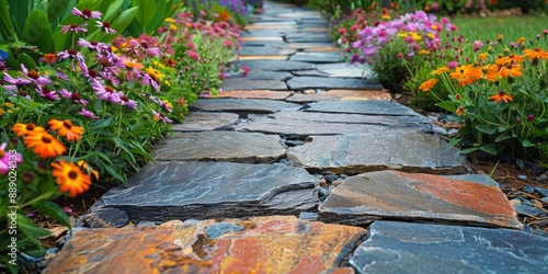 Stone Path Through Colorful Garden in Summer