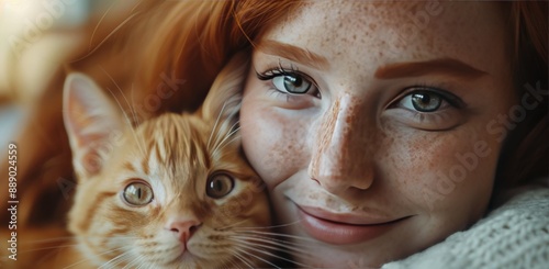 Close Up Portrait of a Smiling Woman With a Ginger Cat