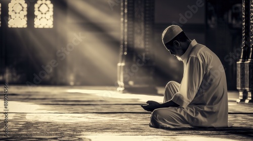 Muslim man in white thobe praying alone in mosque sunlight shine through window on floor