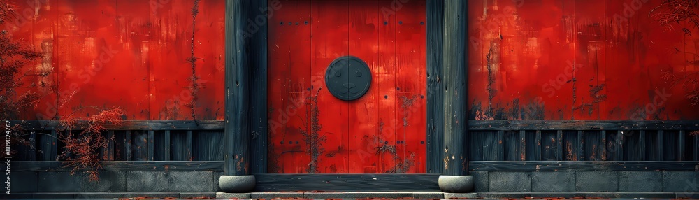 Traditional red door with intricate dark frame in an ancient architectural setting, evoking historic and cultural aesthetics.