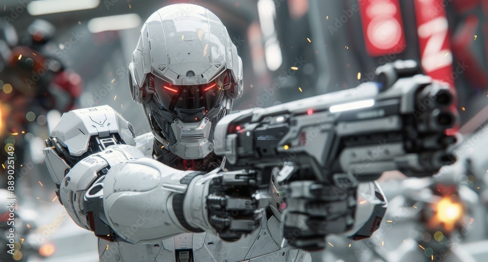 Fototapeta premium Futuristic Cyborg Soldier Aiming Gun in Urban Setting