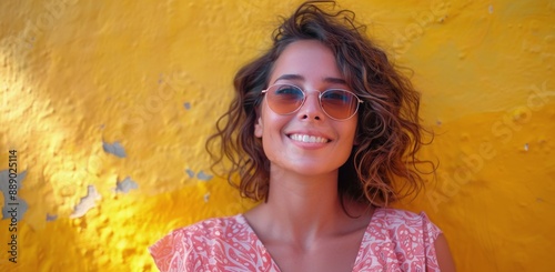 Smiling Woman Wearing Sunglasses in Front of a Yellow Wall
