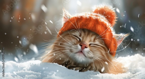 A Cozy Cat Wearing an Orange Hat Enjoys the Snowfall