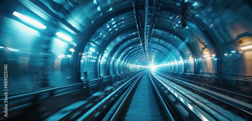 Illuminated Train Tracks Through a Blue Underground Tunnel