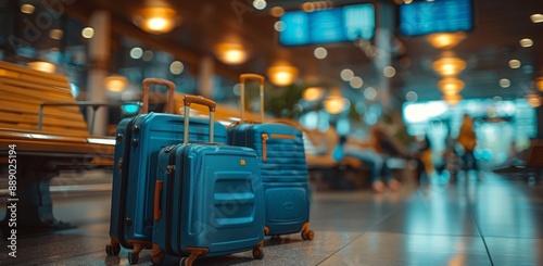 Blue Suitcases Left On Empty Airport Bench