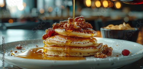 Freshly Made Stack of Buttery Pancakes Drizzled With Syrup and Topped With Pe...