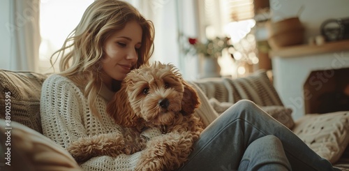 Woman Relaxing on Couch With Puppy During Daytime