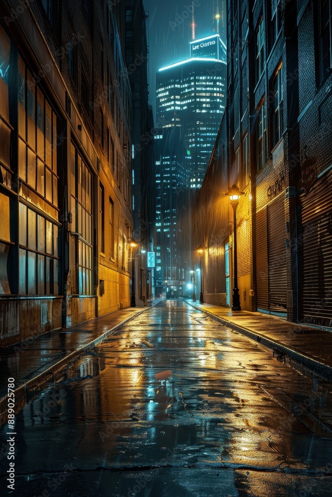 A city street at night with a lot of lights and rain A city street at night with a lot of lights and rain