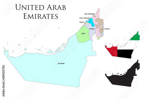  United Arab Emirates  administrative divisions.  United Arab Emirates flag and map illustration vector.